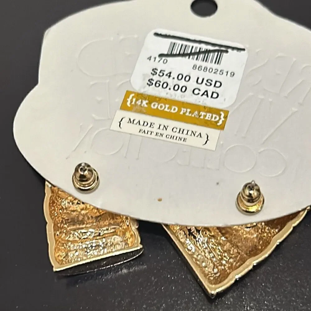 Anthropologie Restored Vintage Crystal Encrusted Curved Earrings 14K Gold Plate